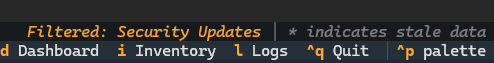 Exosphere TUI Inventory Status Bar with Security Updates filter active